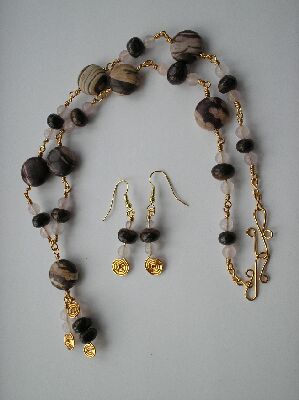 Brown Zebra Jasper, Rose Quartz and Bronzite necklace and earrings
